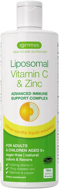 Liposomal Vitamin C 1000mg & Zinc Bisglycinate by Igennus, High Absorption Liquid Immune Support for Men, Women & Kids, USA Made & Non-GMO, Sugar-Free, Citrus Vanilla Flavor, 30-90 Liquid Servings