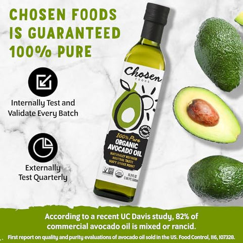 Chosen Foods Organic Avocado Oil, 16.9 Fl Oz - 100% Pure Avocado Cooking Oil made without Sesame or Canola - USDA Organic, Non-GMO, High Smoke Point - (Pack Of 1)