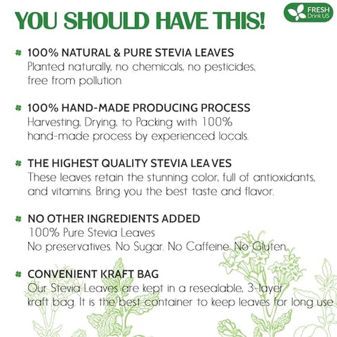FreshDrinkUS Premium 300+ Natural Stevia Leaves Whole Dried Leaves 100% Pure Stevia Dried Leaves Zero Calorie Sweetener No Additives No Caffeine Vegan
