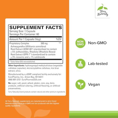 Terry Naturally Adaptra Supplement To Support Adrenal Health Ashwagandha Supplement With Rhodiola Rosea Extract Herbal Supplement To Support Energy & Concentration 60 Capsules