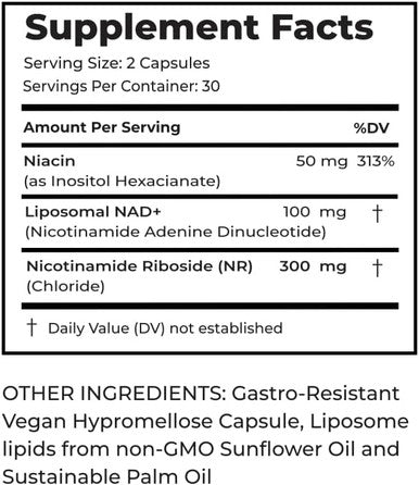 Liposomal Nad Supplement With Nicotinamide Riboside And Niacin - Precursor Formula For Longevity And Cognitive Health - 30-Day Supply - 60 Capsules - Premium Dietary Supplement