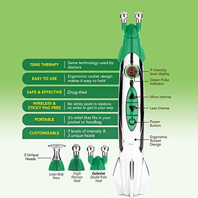 Hempvana Rocket Pain Relief Pen As Seen On Tv Wireless Tens Therapy Portable Muscle Stimulator - Same Technology Used By Doctors - Muscle Pain Relief -9 Adjustable Intensity Settings-3 Unique Heads