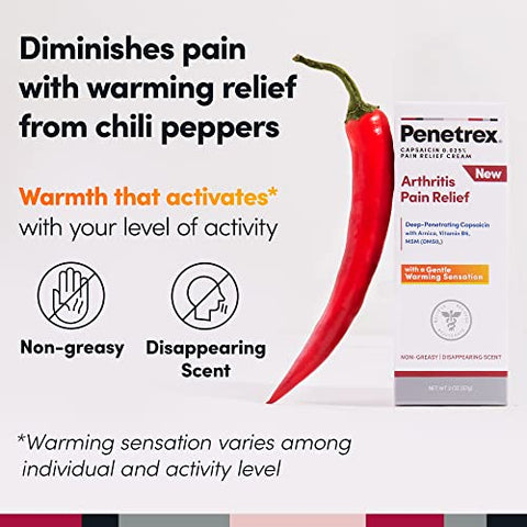 Penetrex Arthritis Warming Pain Relief Cream - Deep Penetrating Capsaicin With Arnica Vitamin B6 & Msm(Dmso2) - Apply To Hands Wrists Feet Knees Elbows And Other Affected Areas 2 Oz