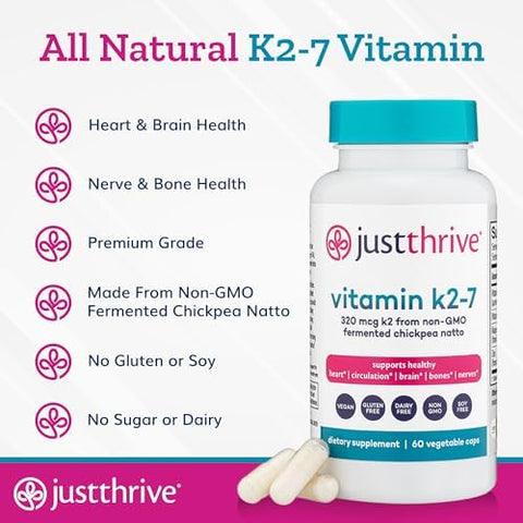 Just Thrive Vitamin K2-7 - Bone Brain And Heart Health K2 Vitamin Supplement 60 Capsules