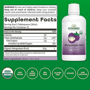 Dynamic Health Mangosteen Gold Organic Mangosteen 100% Juice No Additives Antioxidant Vegan Gluten Nongmo 32 Fl Oz