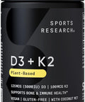 Sports Research Vitamin D3 K2 With Coconut Oil Plant Based Vitamin K2 Mk7 + Vegan D3 5000Iu For Bone & Immune Health Vegan Certified, Soy & Gluten - 30 Count Softgels