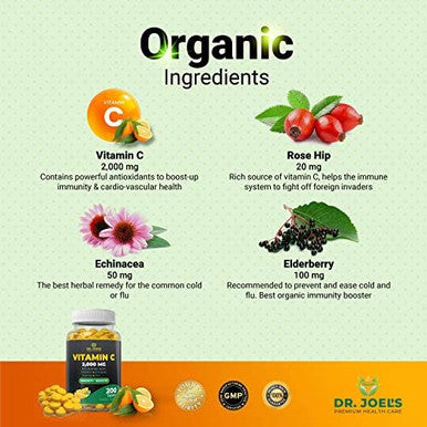 Dr. Joel'S Immune Support Vitamin C 2000 Mg - 200 Tablets - With Zinc, Elderberry, Rose Hip, Echinacea - Boosts Immune System- Made In Usa