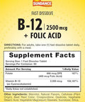 Sundance Fast Dissolve Vitamin B12 With Folic Acid 2500Mcg 60 Count Natural Berry Flavor Vegetarian Nongmo And Gluten Supplement