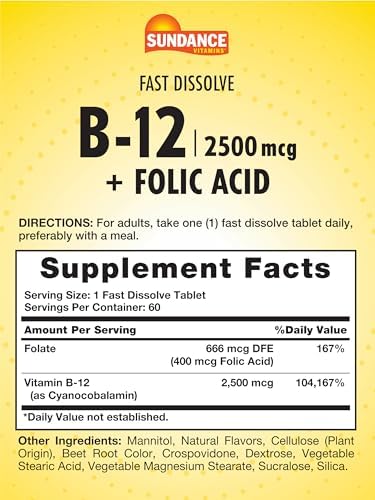 Sundance Fast Dissolve Vitamin B12 With Folic Acid 2500Mcg 60 Count Natural Berry Flavor Vegetarian Nongmo And Gluten Supplement