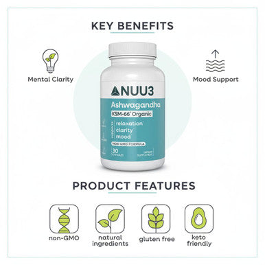 NUU3 Ashwagandha Organic KSM 66 Root Extract Supplement Stress Relief Calm Mood Mental Clarity Energized Focus & Restful Sleep Non GMO Gluten Free - 30 Capsules / 30 Day Supply