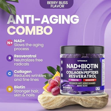 Nad+, Resveratrol, Berberine, & Biotin Anti-Aging Gummy - Hair, Skin, Nails & Joint Supplement - Collagen Peptides, Keratin, Zinc, Vitamin K2 & D3 Gummies - Regeneration - Vegan - Made In Usa 60 Count