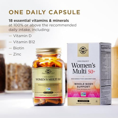 Solgar One Daily Women'S Multi 50 Whole Body Support For Women 50 And Older - Highly Absorbable Heart Bone & Breast Health Energy Stress Hair Skin & Nails Multivitamin 60 Vegan Capsule Servings