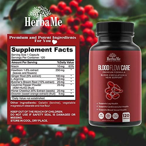 Herbame Blood Circulation Supplement 120 Capsules Supports Leg Vein Heart Vessels And Cardiovascular Health With Niacin Larginine Ginger Cayenne Pepper Hawthorn Diosmin Blood Flow Pills
