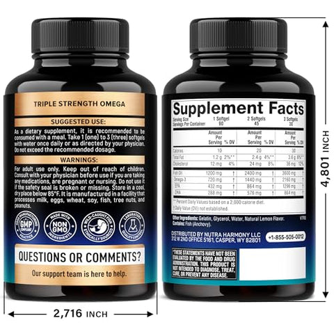 Nutraharmony Omega 3 Fish Oil 3600 Mg - Omega 3 Supplement Epa & Dha - Heavy Metals Free - Heart Brain & Joint Support - Purified Fish Oil For Men & Women - Lemon Flavored - Made In Usa 90 Softgels