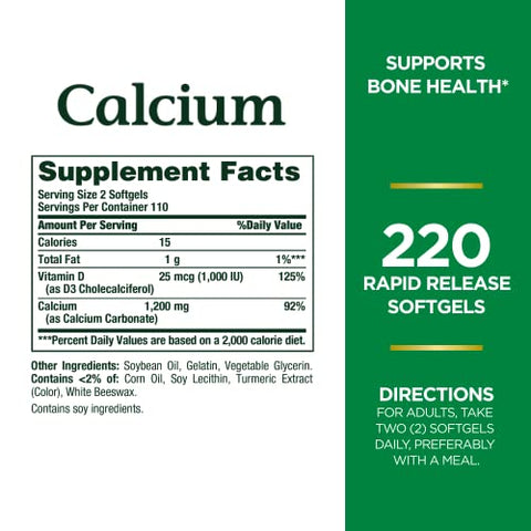 Nature'S Bounty Calcium 1200 Mg With Vitamin D3 Bone Health & Immune Support Vitamin D3 1000 Iu 220 Softgels (Pack Of 2)