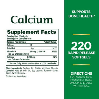 Nature'S Bounty Calcium 1200 Mg With Vitamin D3 Bone Health & Immune Support Vitamin D3 1000 Iu 220 Softgels (Pack Of 2)