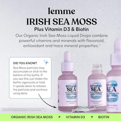 Lemme Irish Sea Moss Organic Liquid Drops With Vitamin D3 And Biotin For Trace Mineral Support Immunity Hair Skin & Nails Brain Health - Gluten & Sugar Free Non Gmo 1 Oz 30 Servings