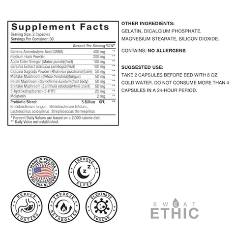 Sweat Ethic Pure & Lean Detox Natural Nighttime Support With Gaba 5 Htp Melatonin Probiotics & Herbal Extracts Supports Evening Routine And Digestion Dietary Supplement For Men & Women 60 Count