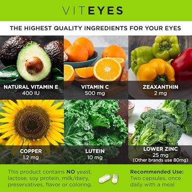 Viteyes Areds 2 Eye Vitamins, Classic Macular Support, Allergen Capsules, With Natural Vitamin E, Vitamin C, Zinc, Copper, Lutein & Zeaxanthin, Eye Doctor Trusted, Manufactured In The Usa, 180 Ct