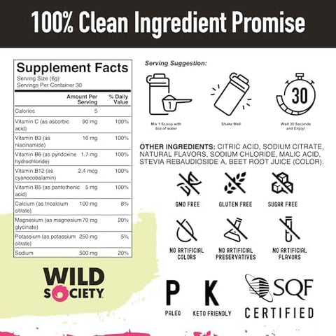 Wild Society - Premium Zero Sugar Electrolytes Powder Drink Mix 3X Absorption Magnesium Glycinate - Sugar Low Calorie Science Backed Refreshing Hydration Strawberry Dragon Fruit 30 Servings