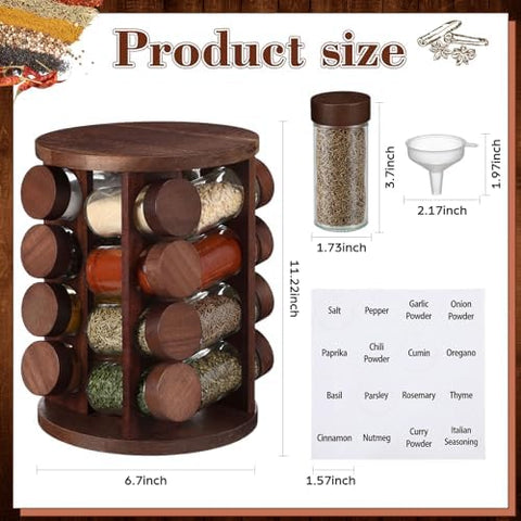 Yungyan Acacia Wood Brown Rotating Spice Rack Seasoning Organizer with 16 Empty Jars, Spice Containers Set with Labels and Funnel, Revolving Seasoning Rack for Kitchen Accessories
