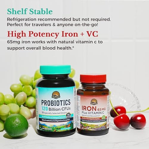 Vitalitown Probiotic + Iron Supplement Bundle Probiotics 120 Billion (Item 1) & 65Mg Iron Suplement (Item 2) Gut Bone Muscle Blood Building Energy Vegan 30 Capsules & 60 Tablets