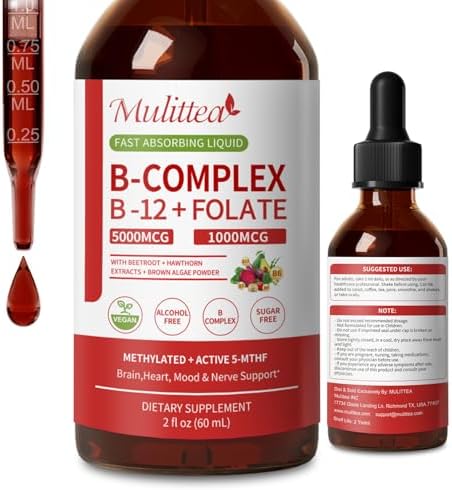 Methylated B Complex 5000 mcg Methylcobalamin B12 and 1000 mcg 5MTHF Folate Vitamin B Complex Liquid Drops with B3 B6 Beetroot Hawthorn Energy Focus Heart and Brain SugarFree 2 Fl Oz