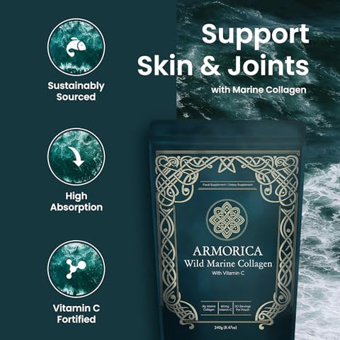 Armorica Marine Collagen Powder With Vitamin C Hydrolyzed For Optimal Absorption Unflavored & Easily Dissolves Non-Gmo & Microplastic Tested Skin Hair & Joint Support 240G (30 Servings)