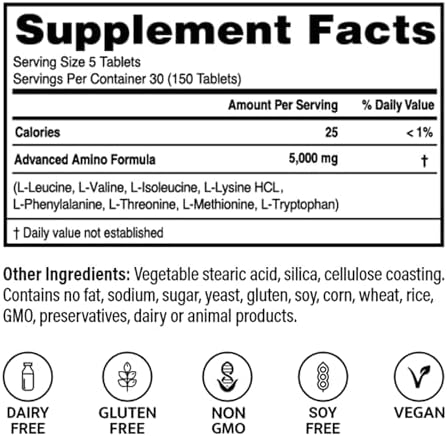 Advanced Amino Formula Tablets Amino Acid Supplement Build Muscle Post Workout Recovery Energy Stamina Non-Gmo Gluten Dairy Vegan (150 Tablets)