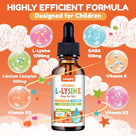 Lamginy L-Lysine Liqud Drops 1000Mg L-Lysine For Kids & Adults With Calcium Complex Gaba Vitamins Skin & Lip Health Immune & Collagen Production Support Non-Gmo Natural Cherry & Orange Flavor 2 Fl Oz