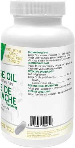 Benemax Borage Oil. Plant Based - Omega 6 Essential Fatty Acids. GLA-Rich Oil for Better Skin. High Absorption 1000mg Liquid Softgels. 120 softgels per Bottle