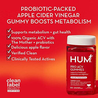 Hum Pro Acv Gummies 100% Organic Apple Cider Vinegar With The Mother Probiotics For Digestive Health & B12 For Metabolism Support (60 Count)
