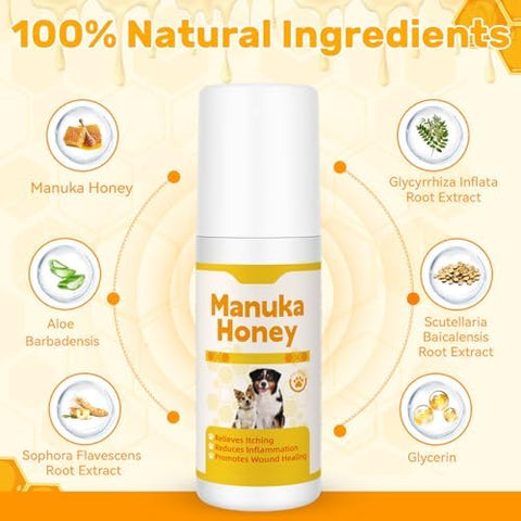 Manuka Honey for Dogs, Hot Spot & Wound Care Spray, Promotes Wound Healing, Soothes Itching & Inflammation, Natural Skin Care Spray for Dog, Safe, Easy to Use, 3.38 oz Bottle