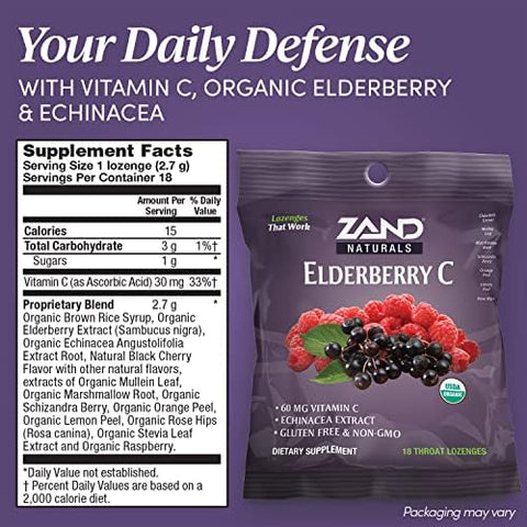 Zand Immunity Elderberry Vitamin C Lozenges Immune Support Soothing Throat Drops Elderberry Vitamin C Ecea Extract No Cane Sugar Or Corn Syrup Gluten Non-Gmo (12 Bags 18 Lozenges)