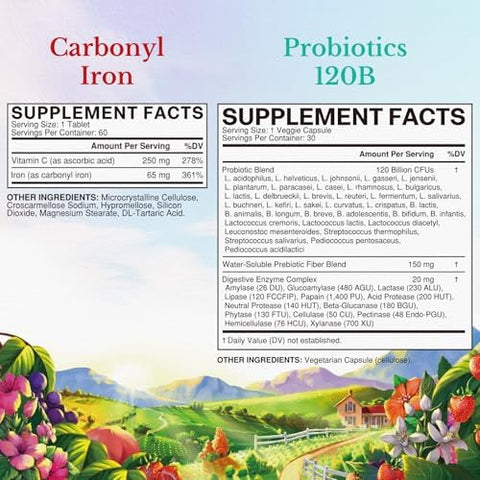 Vitalitown Probiotic + Iron Supplement Bundle Probiotics 120 Billion (Item 1) & 65Mg Iron Suplement (Item 2) Gut Bone Muscle Blood Building Energy Vegan 30 Capsules & 60 Tablets