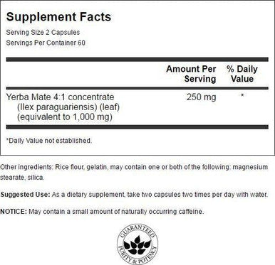 Swanson Yerba Mate (4:1) Energy Vitality Support 125 Milligrams 120 Capsules