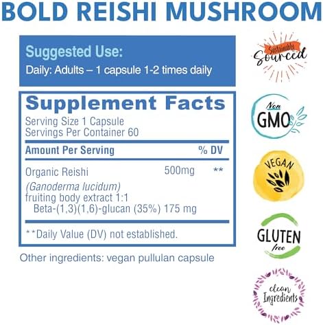 Bold Botanica Reishi Mushroom Capsules - 100% Fruiting Body - Concentrated Organic Reishi Extract For Immune Support & Core Wellness - No Mycelia & No Grain - 60 Vegan Capsules