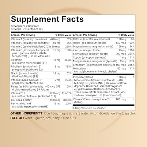 Methylated Multivitamin for Men and Women 240 Capsules 27in1 Formula with Vitamins B Complex C D3 K2 NAD NAC CoQ10 Resveratrol Magnesium Zinc and More Daily Essential Vitamins
