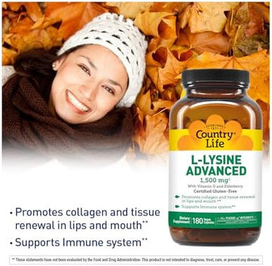 Country Life L-Lysine 1500Mg Capsules With Vitamin D & Elderberry ÃƒÂ¢Ã¢â€šÂ¬Ã¢â‚¬Å“ Advanced Immune Support And Collagen Renewal ÃƒÂ¢Ã¢â€šÂ¬Ã¢â‚¬Å“ Certified Gluten-& Vegan ÃƒÂ¢Ã¢â€šÂ¬Ã¢â‚¬Å“ 180 Capsules
