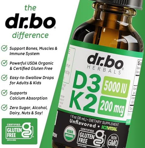 Vitamin D3 K2 Liquid Drops Organic D3K2 Vitamin D3 K2 Drops Liquid Supplement MCT Oil for Adults and Kids Calcium Absorption Strong Bones Vit D and K 5000 IU Supplements Vitamins D + K MK7 1 Fl Oz