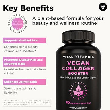 Vital Vitamins Vegan Collagen Booster Plant Based Collagen Supplements Supports Hair Skin Nails and Joints with Hyaluronic Acid 60 Capsules
