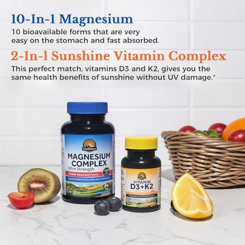 Vitalitown Ultra Magnesium & Vitamin D3 K2 Bundle (Pack Of 2) 10 In 1 Magnesium Complex & 10000 Iu D3 Mk-7 For Bone Muscle Heart Sleep Teeth & Immune 90 Mag Capsules & 90 D3 Softgels