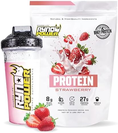 Ryno Power All Natural Whey Protein 2Lb (20 Servings) 'Strawberry' 100% Whey Protein Blend & No Fillers Non Gmo