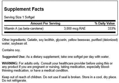Swanson Beta-Carotene - Vitamin A Supplement Promoting Immune Health Eye & Skin Health - Natural Wellness Formula - (250 Softgels 3000mcg Each)