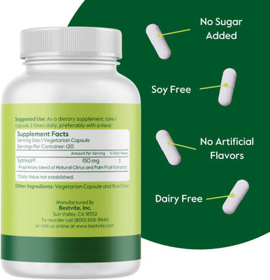 Bestvite Sytrinol 150mg (120 Vegetarian Capsules) - Patented Blend of Natural Citrus and Palm Fruit extracts - No Stearates - Vegan - Non GMO - Gluten