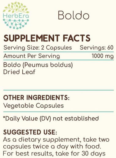 HerbEra Boldo 120 Capsules, 500 mg, Boldo (Peumus boldus) Dried Leaf (120 Capsules)