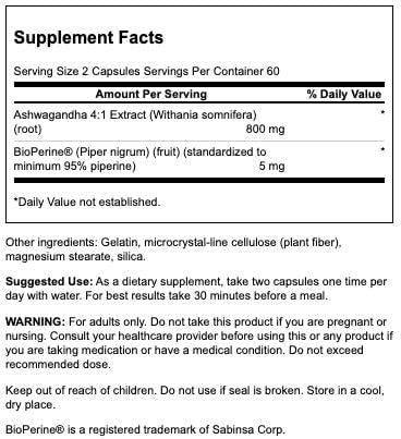 Swanson High Absorption Ashwagandha & Black Pepper - Featuring Bioperine 120 Caps