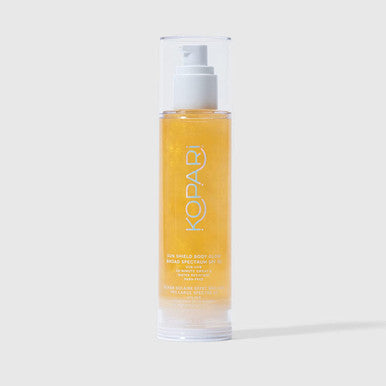 Kopari Sun Shield Body Glow SPF 50 UV Protection Sheer Mineral Sunscreen Gold Shimmer Mica Sweat and Water Resistant Antioxidant Vitamin E