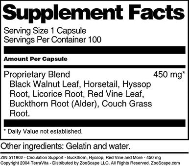 Terravita Circulation Support - Buckthorn, Hyssop, Red Vine And More - 450 Mg (100 Capsules, Zin: 511902)