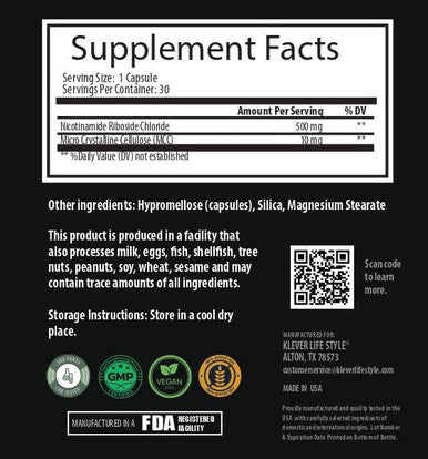 Klever Lifestyle Nicotinamide Riboside Supplement Cellular Function & Anti Aging Support, Nad+ Activator 500Mg Per Serving